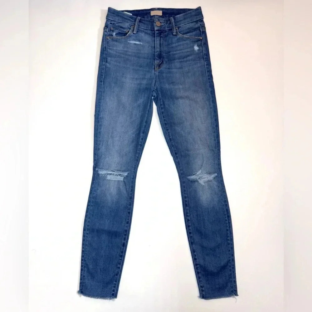 MOTHER Blue Distressed Ankle Crop Jeans